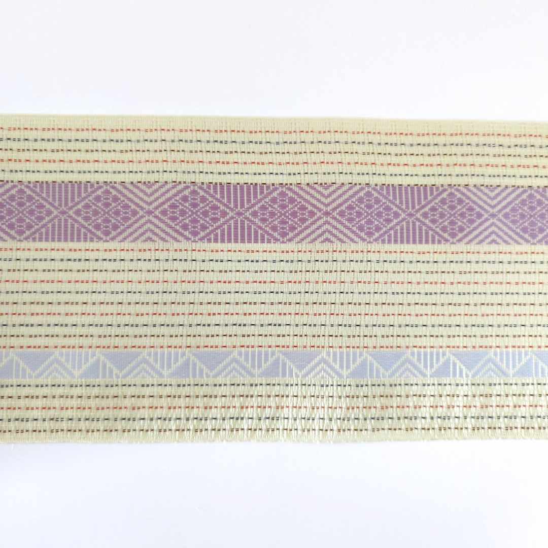 井上絹織さんの網戸（みたいに透ける）帯　生成り地×菱紋様(紫)